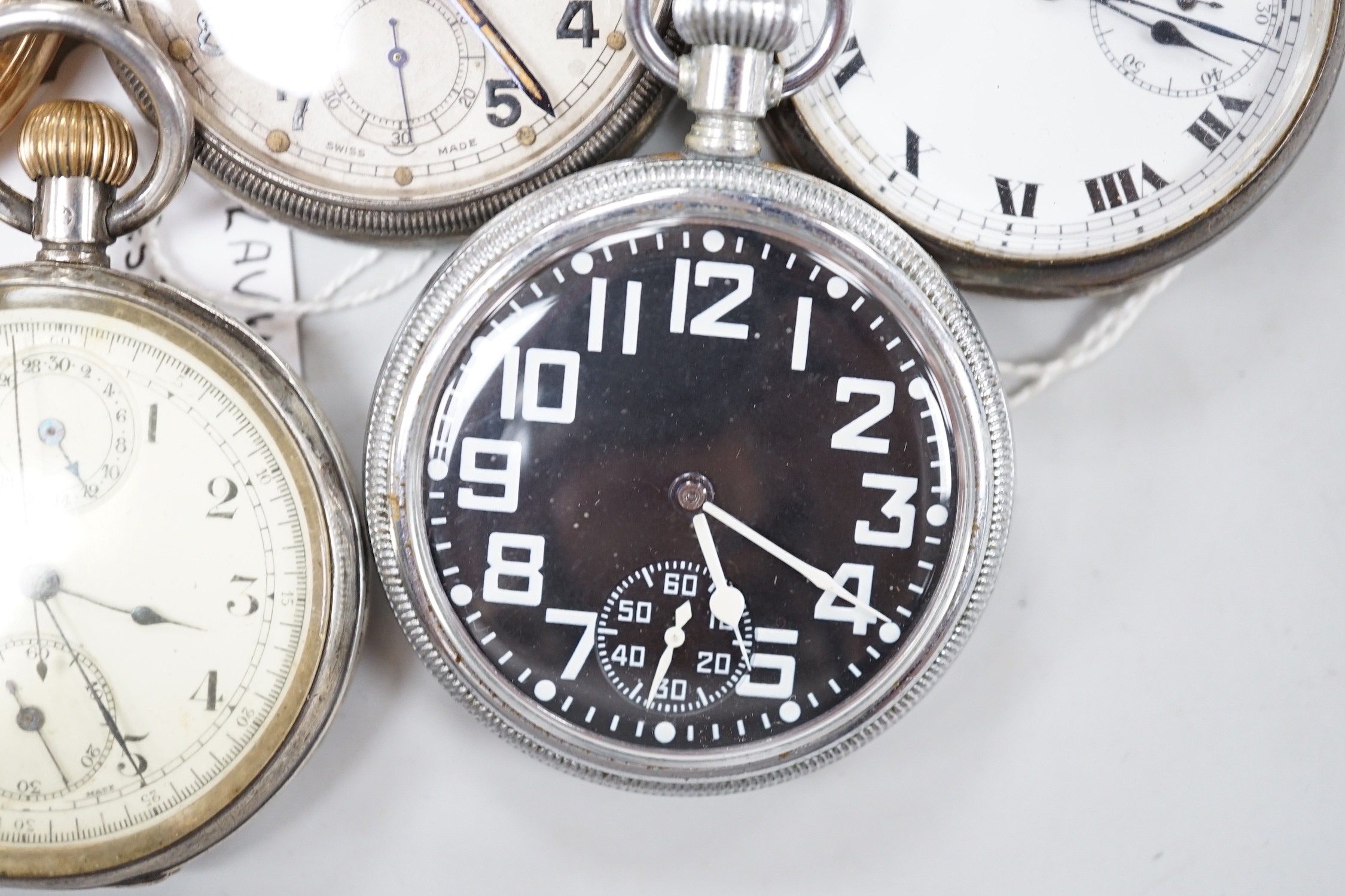 Eleven assorted gold plated or base metal pocket watches including three Waltham and Doxa military black dial.